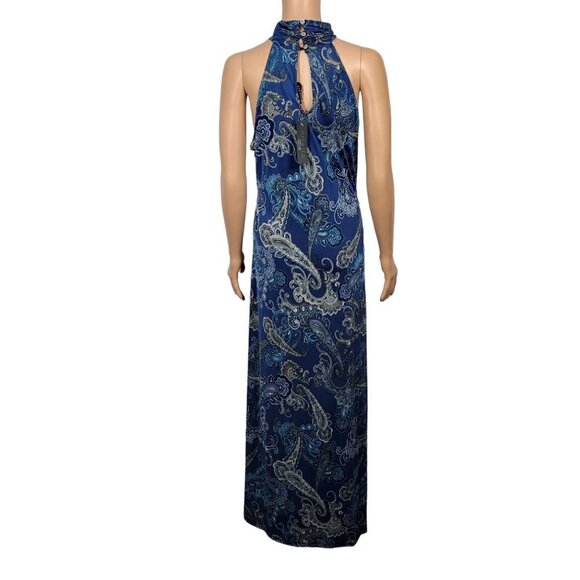 NWT Ariella Women's Mock/High Neck Sleeveless Blue Pattern Slit Maxi Dress Sz L - Picture 7 of 14